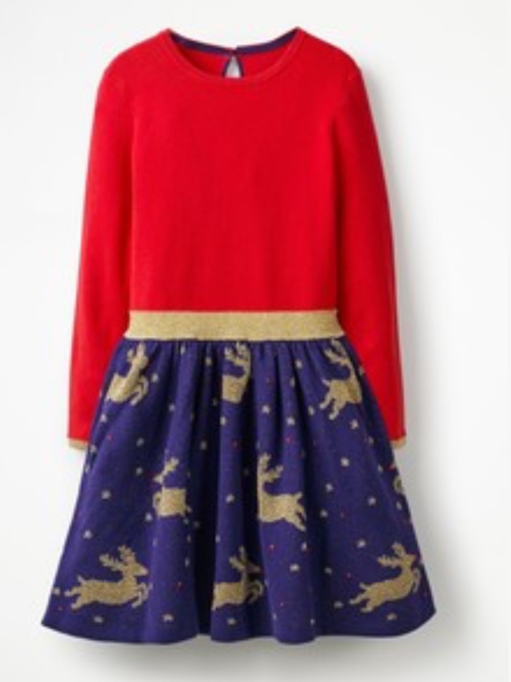 Mini Boden Red and Navy Reindeer Knit Holiday Dress 9/10
